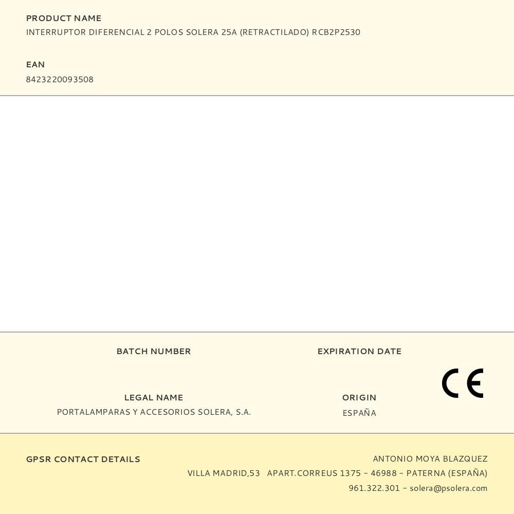 INTERRUPTOR DIFERENCIAL 2 POLOS SOLERA 25A (RETRACTILADO) RCB2P2530 - Imagen 2