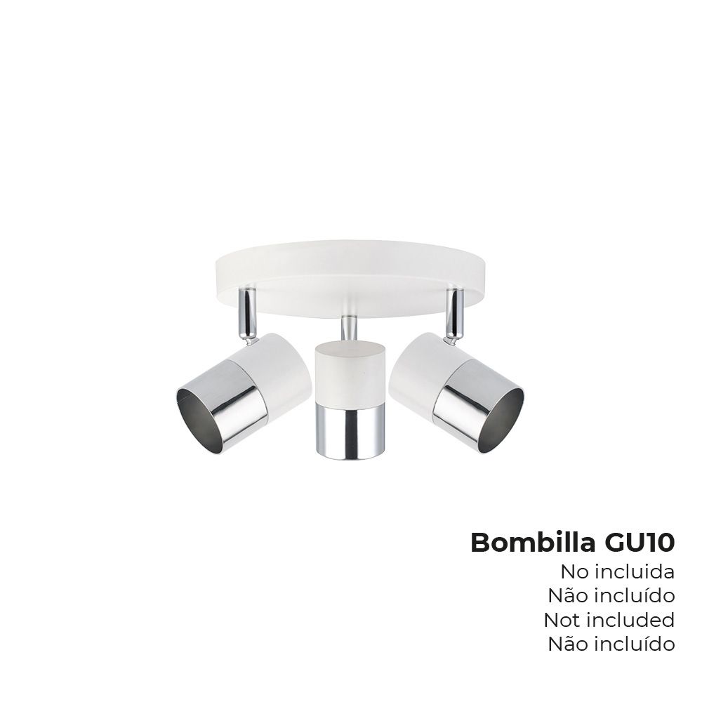 FOCO 3 ELEMENTOS MODELO MOON GU-10 (BOMBILLA NO INCLUIDA) COLOR CROMO+BLANCO HUESO Ø 20 x 12,6 cm