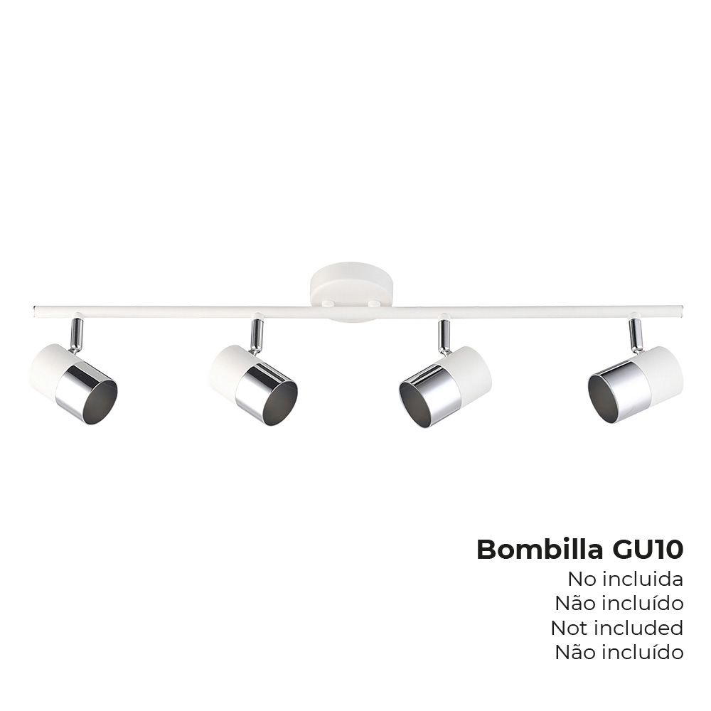 FOCO 4 ELEMENTOS MODELO MOON GU-10 (BOMBILLA NO INCLUIDA) COLOR CROMO+BLANCO HUESO 70 x 7,6 x 15,2 cm