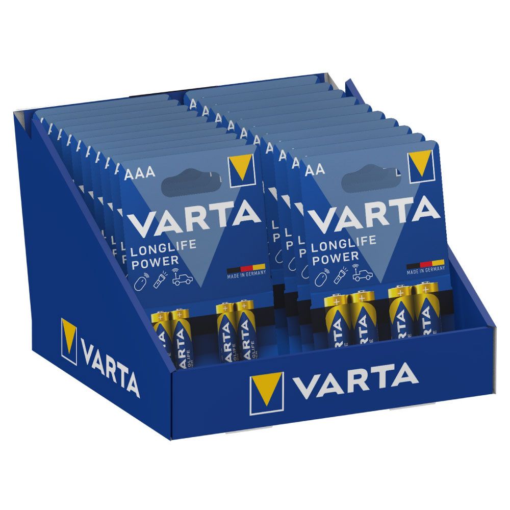 EXPOSITOR DE CARTON DE SOBREMESA DE PILAS VARTA «LONG LIFE» 10 BLISTERS 4xAAA LR03 +10  BLISTERS 4xAA LR06 VARTA 27x18x17cm