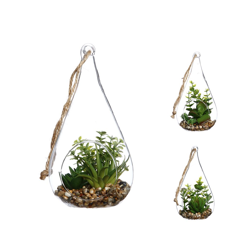JARRÓN COLGANTE DE CRISTAL CON PLANTA DECORATIVA 10 x 19,5 cm COLORES / MODELOS SURTIDOS