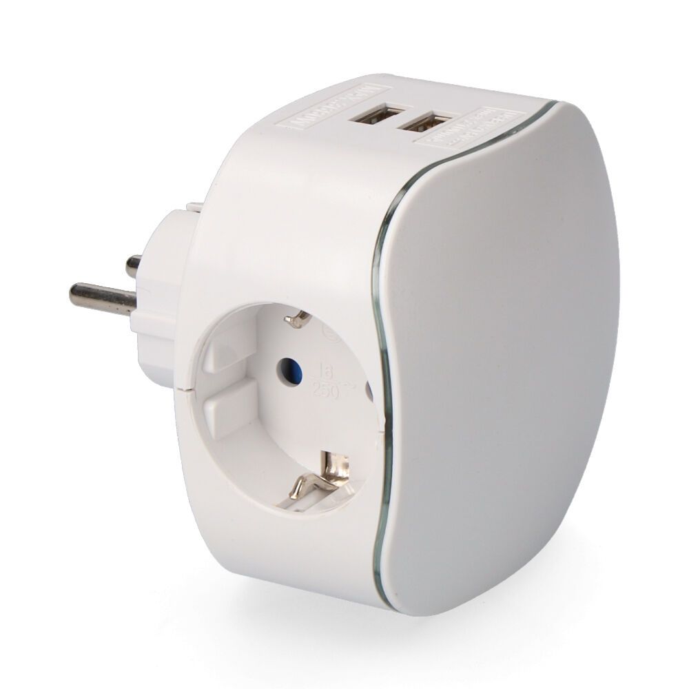 ADAPTADOR TRIPLE TIPO F CON 2 TOMAS USB 2100mA PERFIL ILUMINADO (RETRACTILADO)